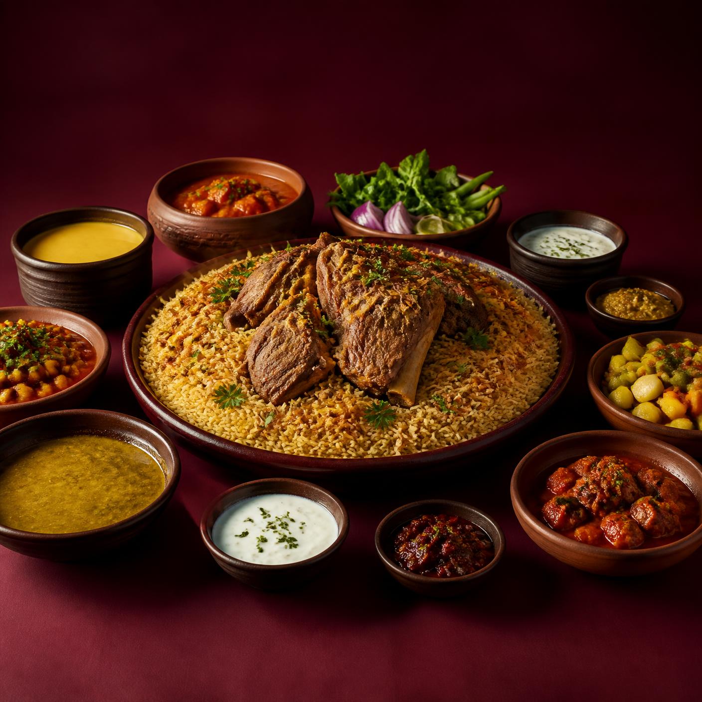 سفرة كويتية سخية تضم طبق أرز ولحم وأطباق مشاركة متنوعة